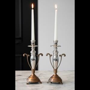 Vintage Two Tone Candlesticks-Silver Plate-Copper-Brass-Pair-Metal-Taper Holders